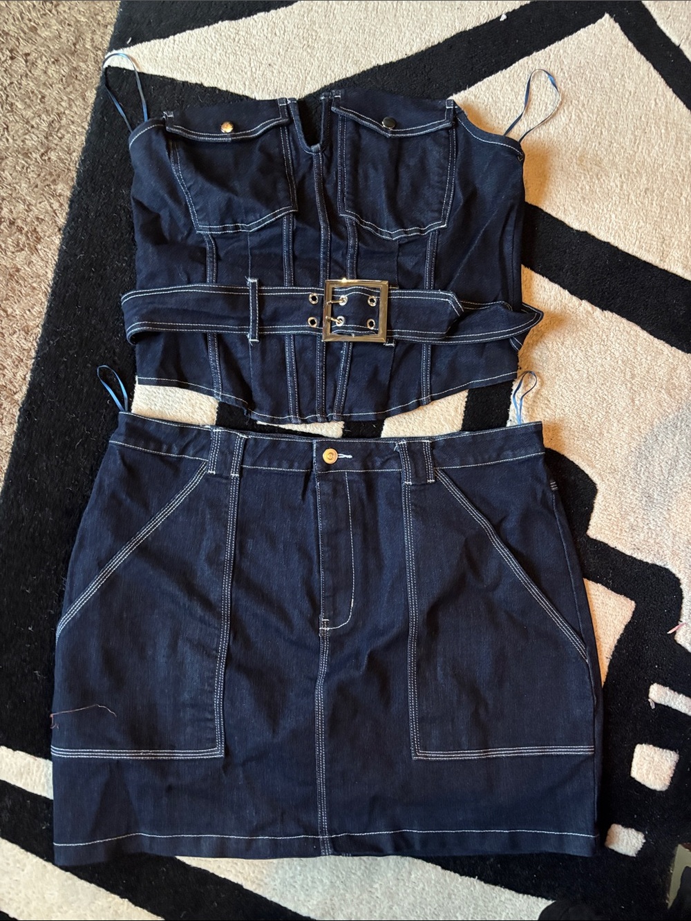 Fashion Nova Navy Blue Denim Corset Top & Skirt Set
